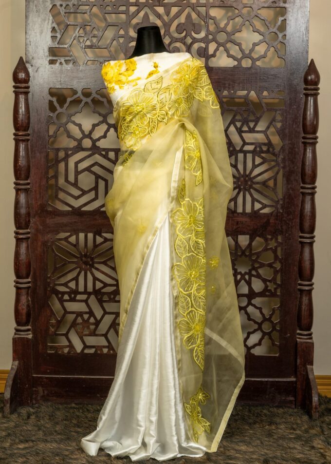 Elegant Half & Half Muslin Saree with Joba Flower Embroidery