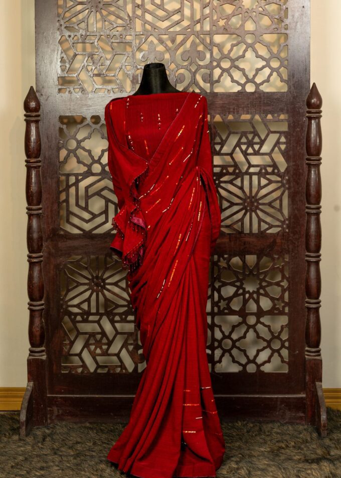 Red Shimmer Silk Saree with Sequins & Crystal Work