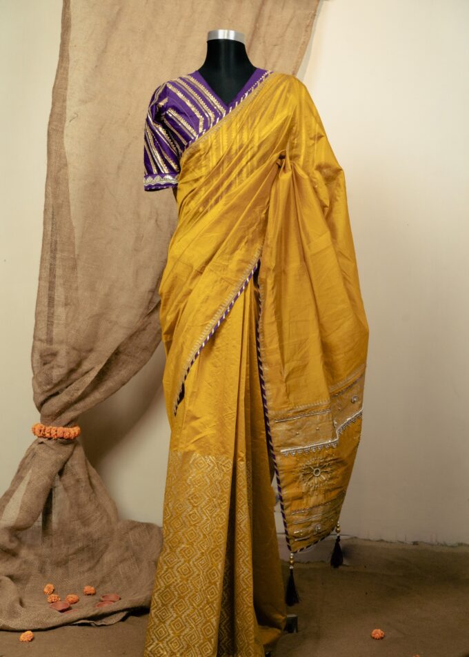 Chunri Kota Block Print Saree with Embroidery and Beads
