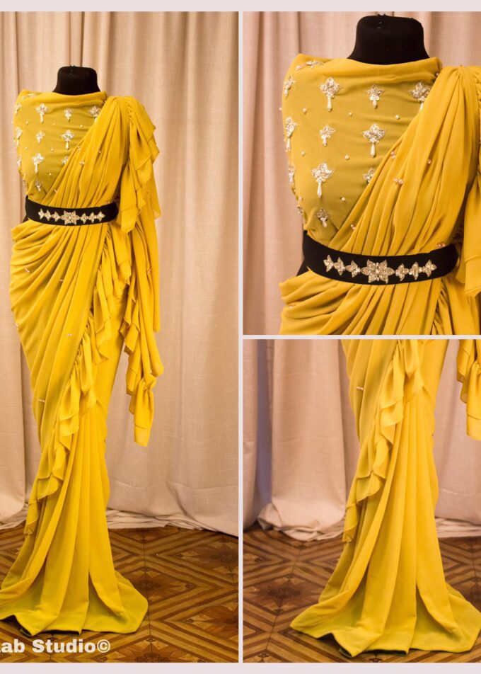 Georgette Saree with Ruffle Frills and Pitta Nakshi Blouse
