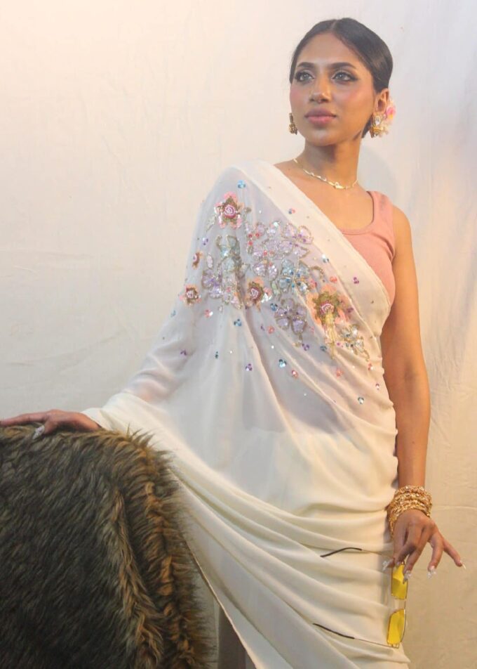 Ivory Crepe Georgette Floral Kardana & Sequins Saree