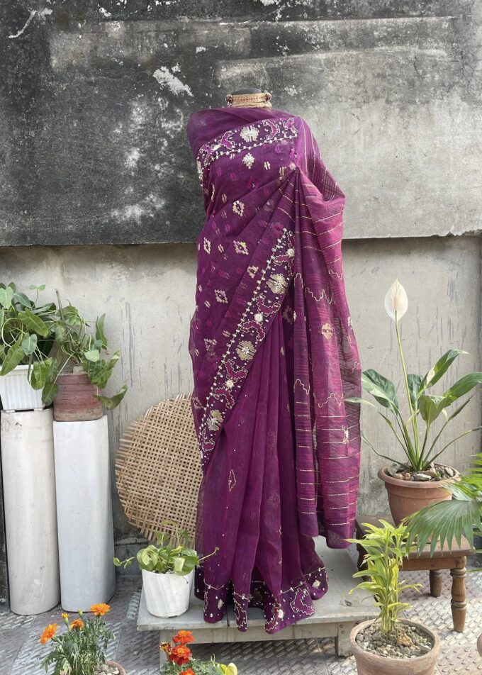 Purple Embellished Jamdani Saree