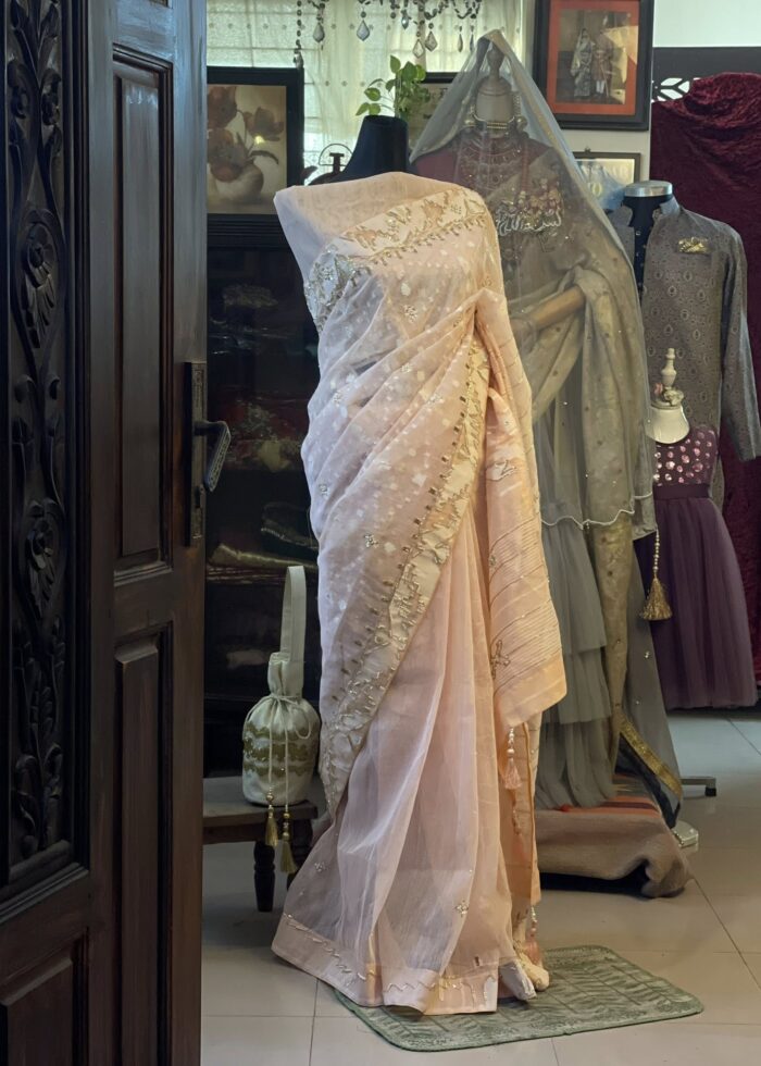 Peach Embellished Jamdani Bridal Saree