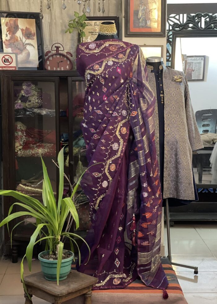 Jam Embellished Jamdani Bridal Saree