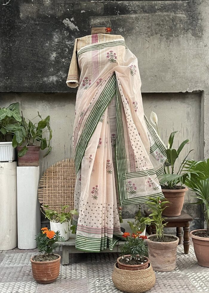 Vintage Block-Printed Tangail Half-Silk Saree