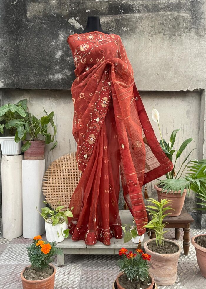 Orange Embellished Jamdani Saree