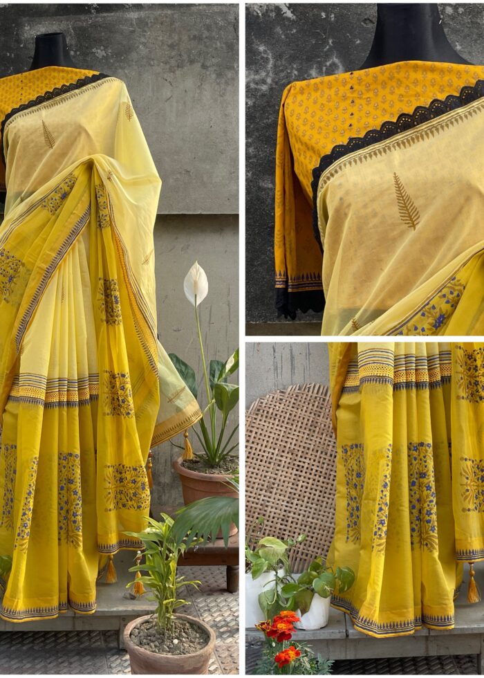 Dual-Shade Mustard Tailored Tangail Half-Silk Saree