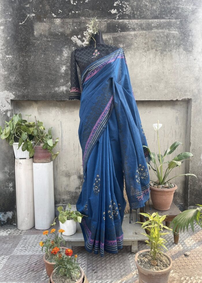handloom block print cotton saree