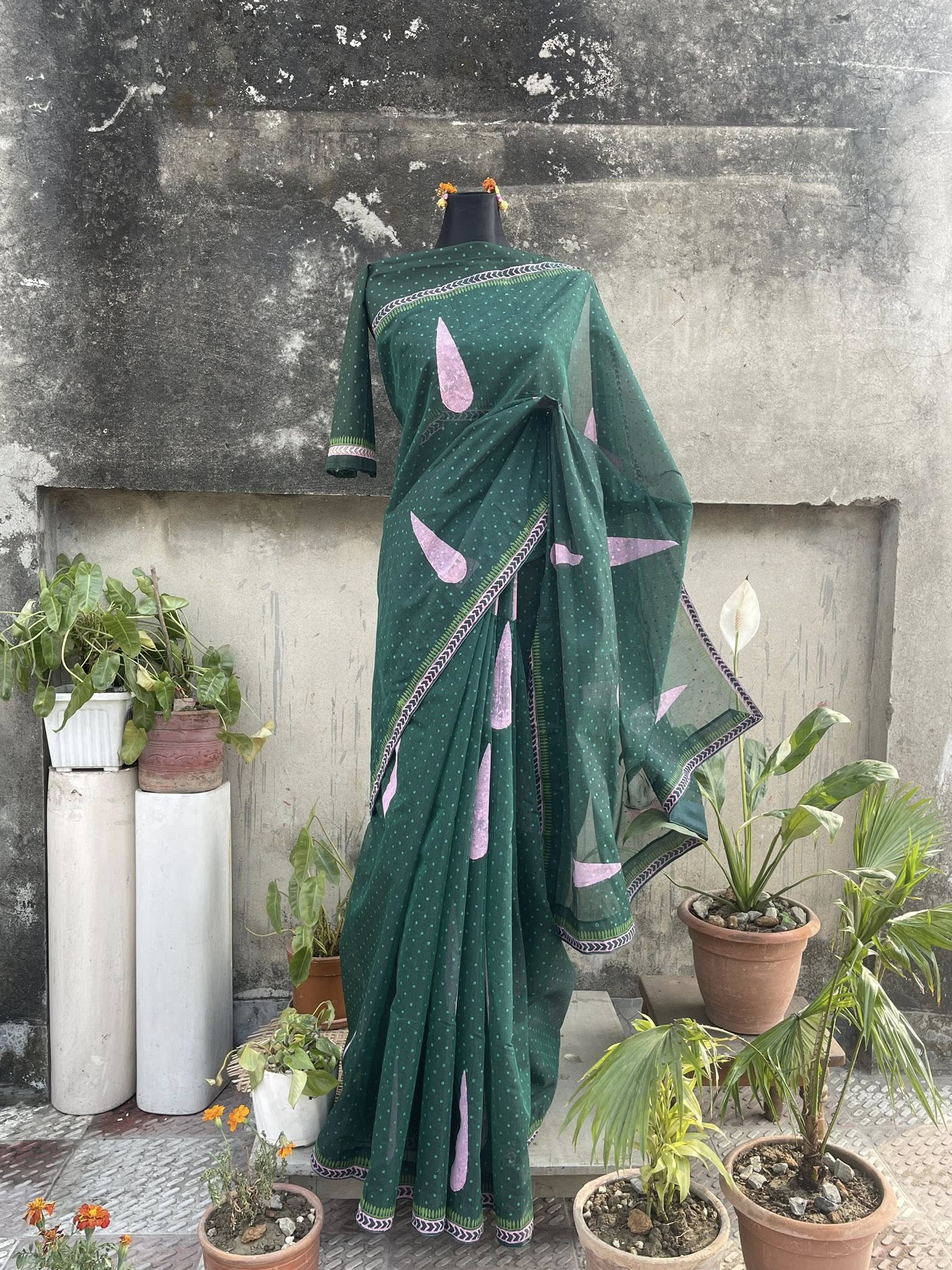 Ball print block print cotton saree