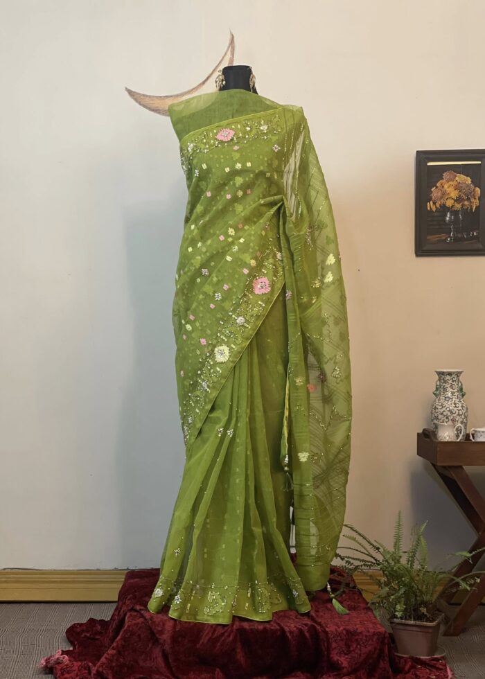 Green Embellished Jamdani Saree