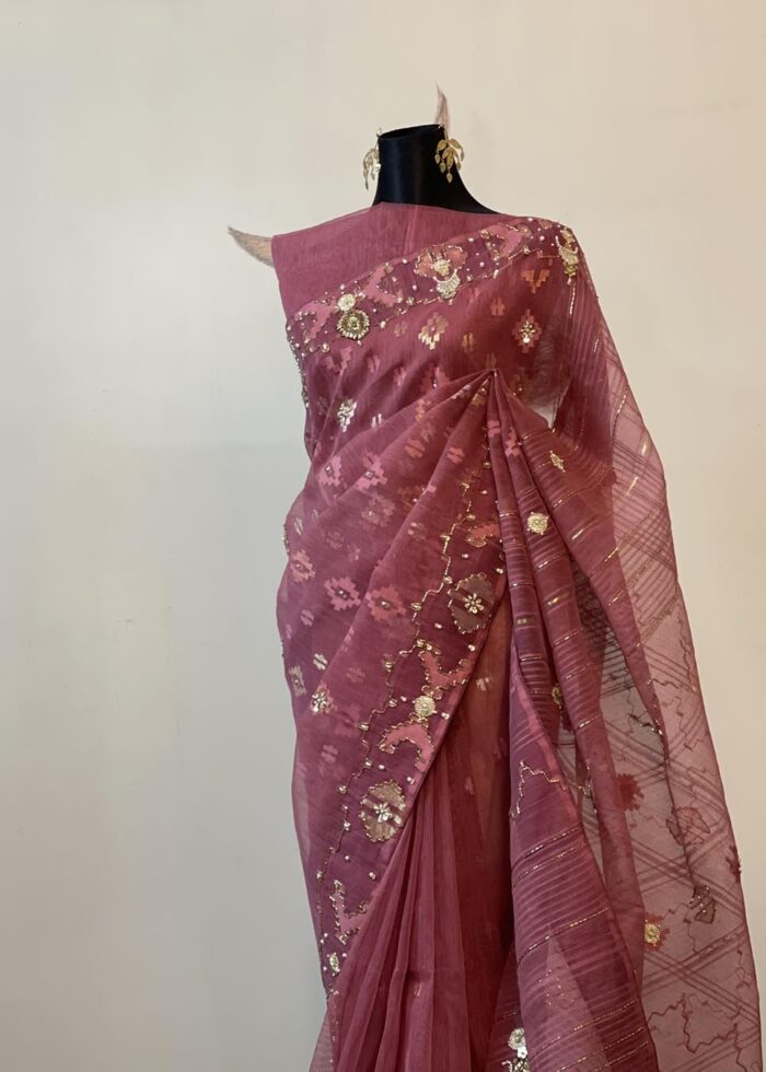 Dusty Rose Embellished Jamdnai saree