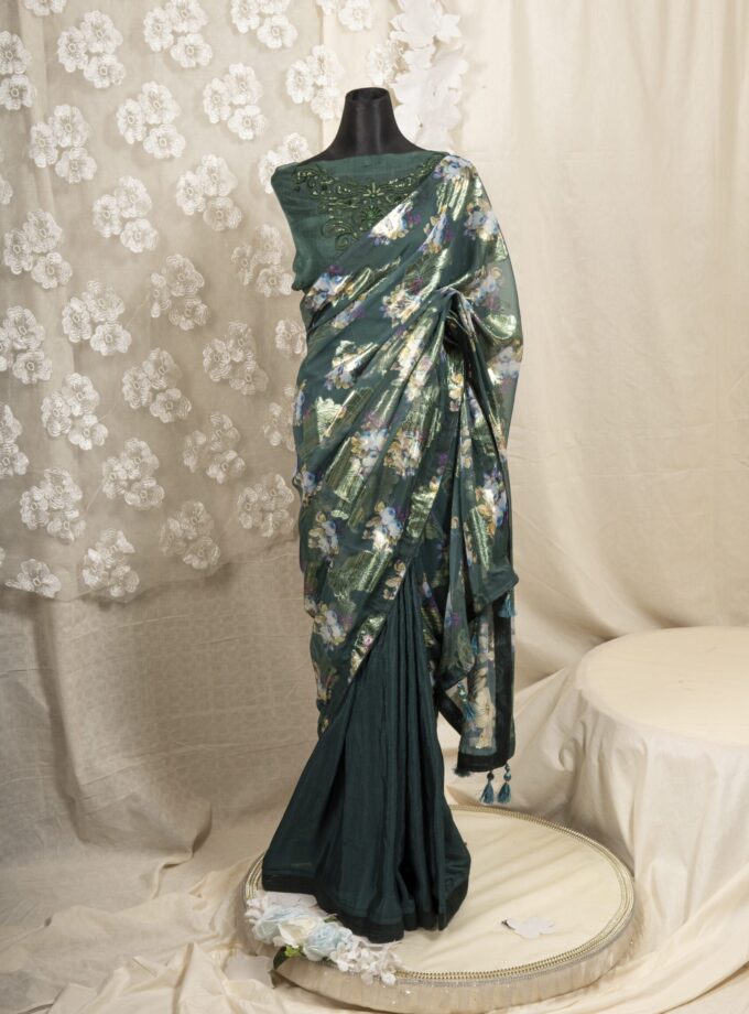 Floral Printed Organza & Chinon Silk Saree