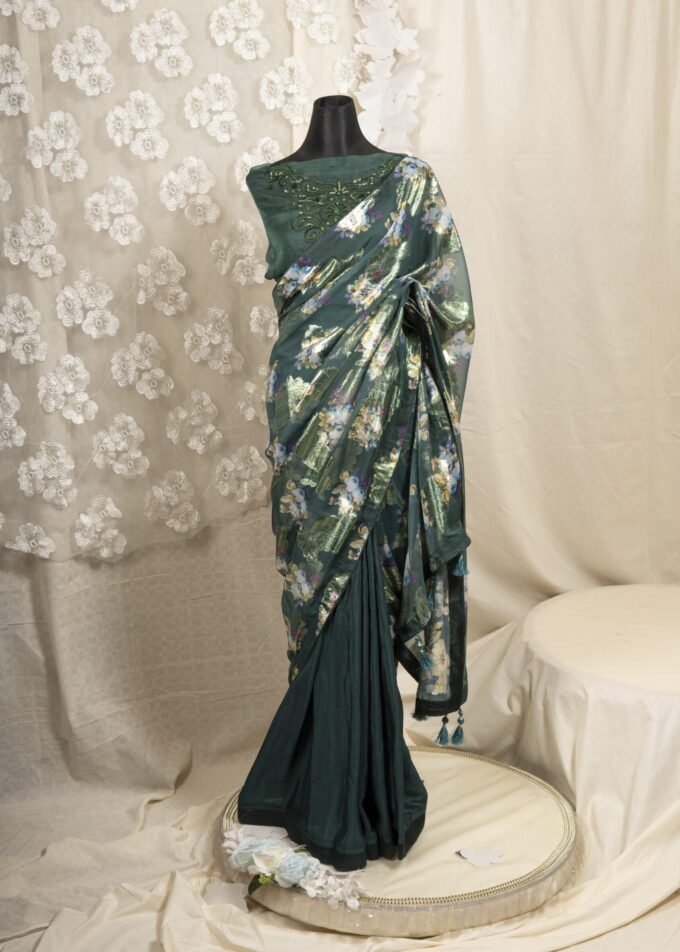 Floral Printed Organza & Chinon Silk Saree