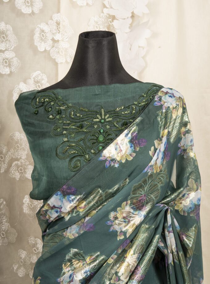 Floral Printed Organza & Chinon Silk Saree
