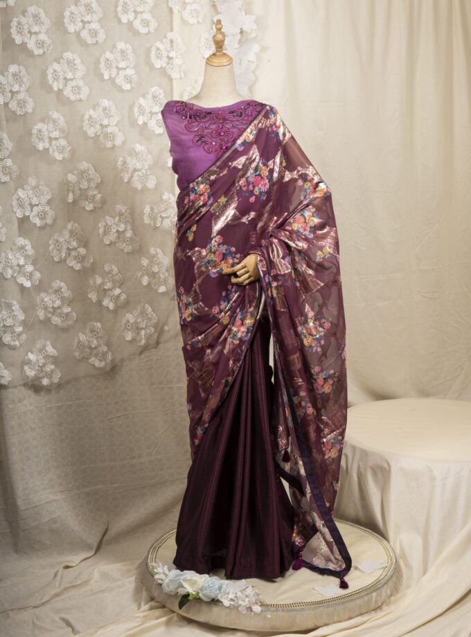 Floral Printed Organza & Chinon Silk Saree