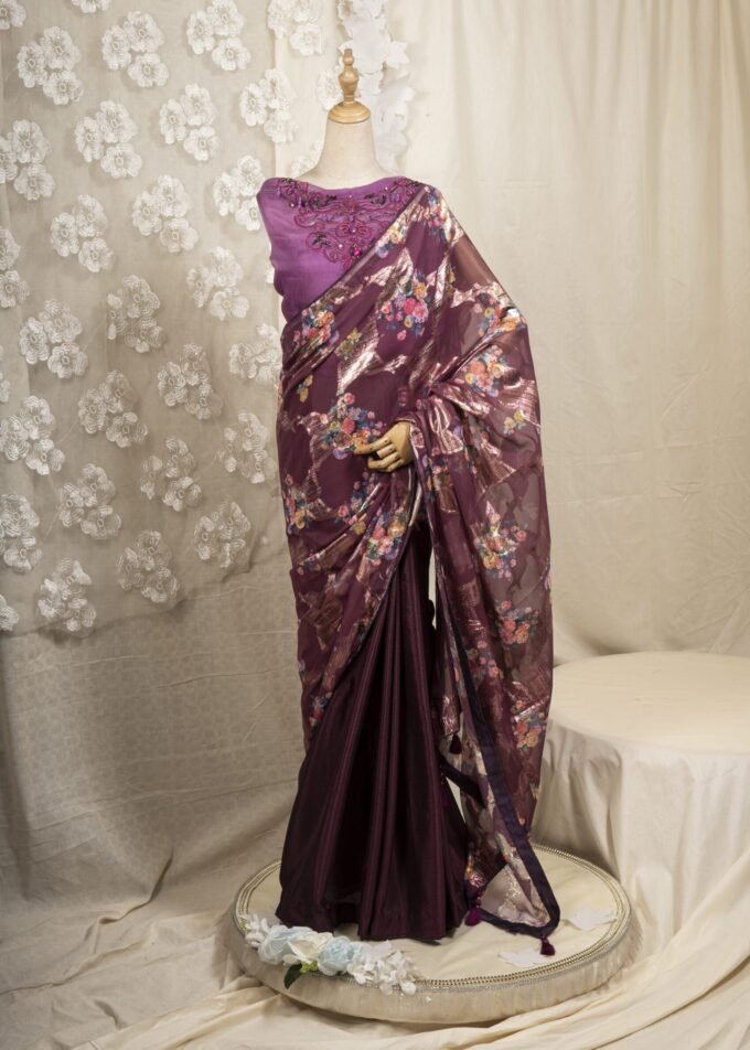 Floral Printed Organza & Chinon Silk Saree