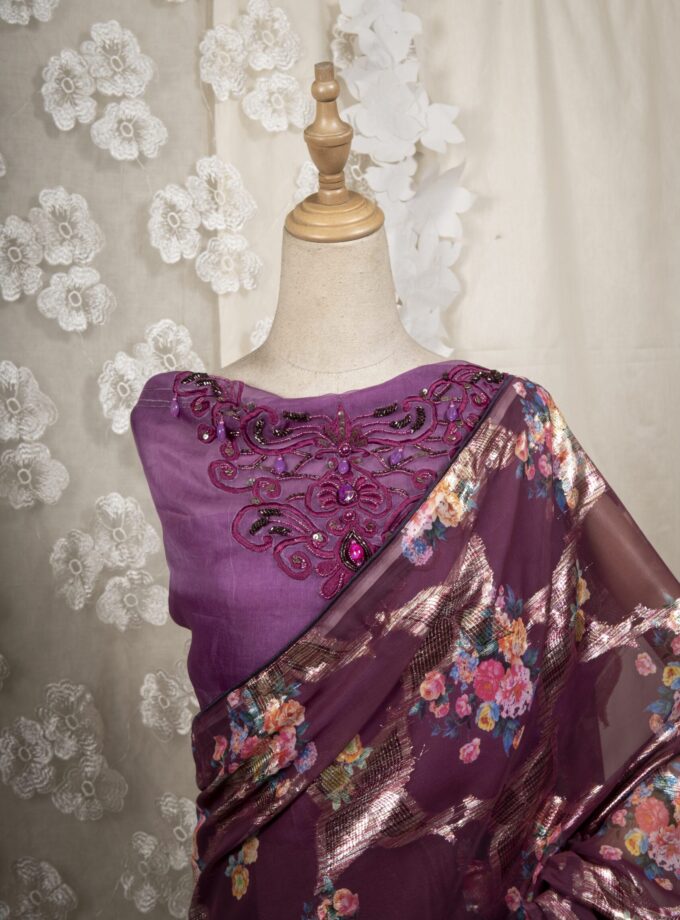 Floral Printed Organza & Chinon Silk Saree