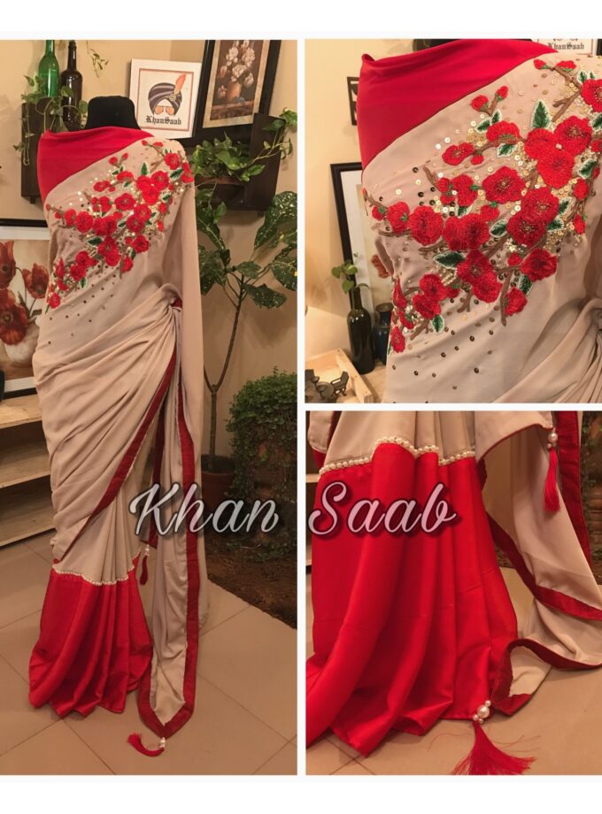 Crepe Georgette Carnation Floral Work Saree with Pearl Sequins
