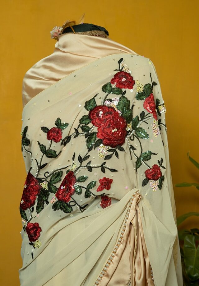 Crepe Georgette Carnation Floral Work Saree with Pearl Sequins