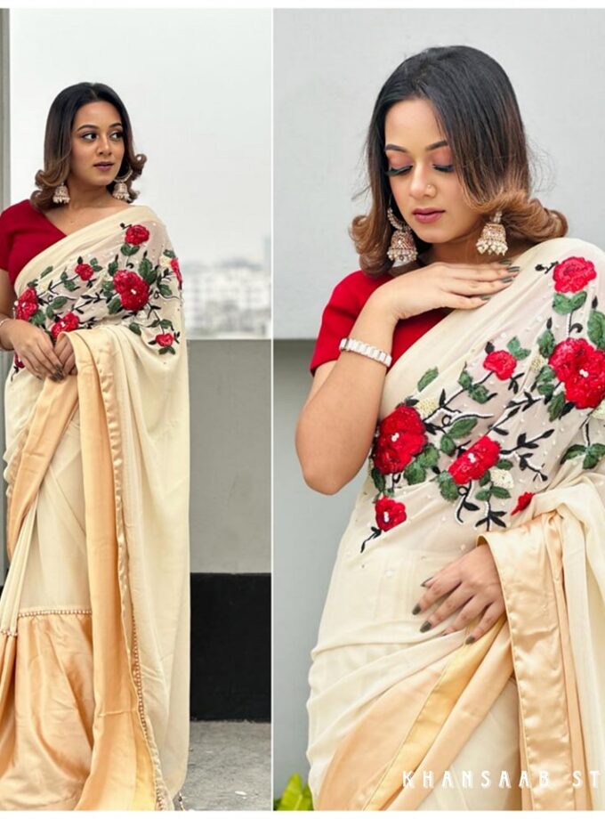 Crepe Georgette Carnation Floral Work Saree with Pearl Sequins