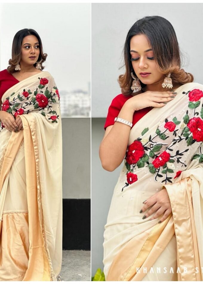 Crepe Georgette Carnation Floral Work Saree with Pearl Sequins