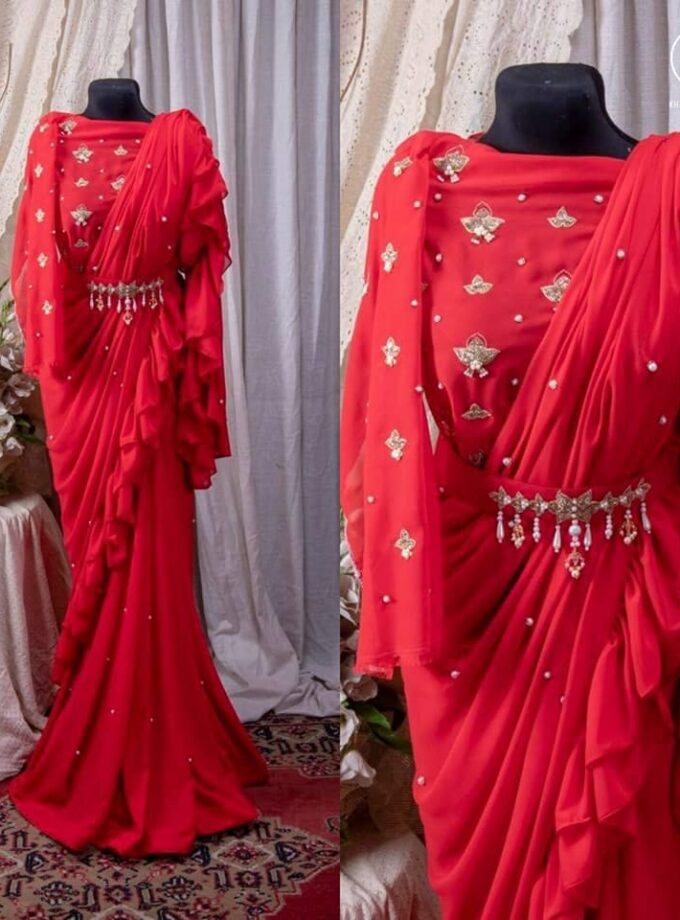 Georgette Saree with Ruffle Frills and Pitta Nakshi Blouse