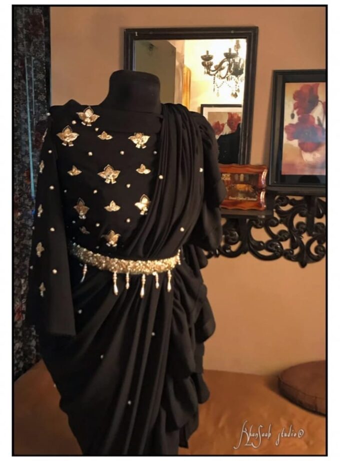 Georgette Saree with Ruffle Frills and Pitta Nakshi Blouse