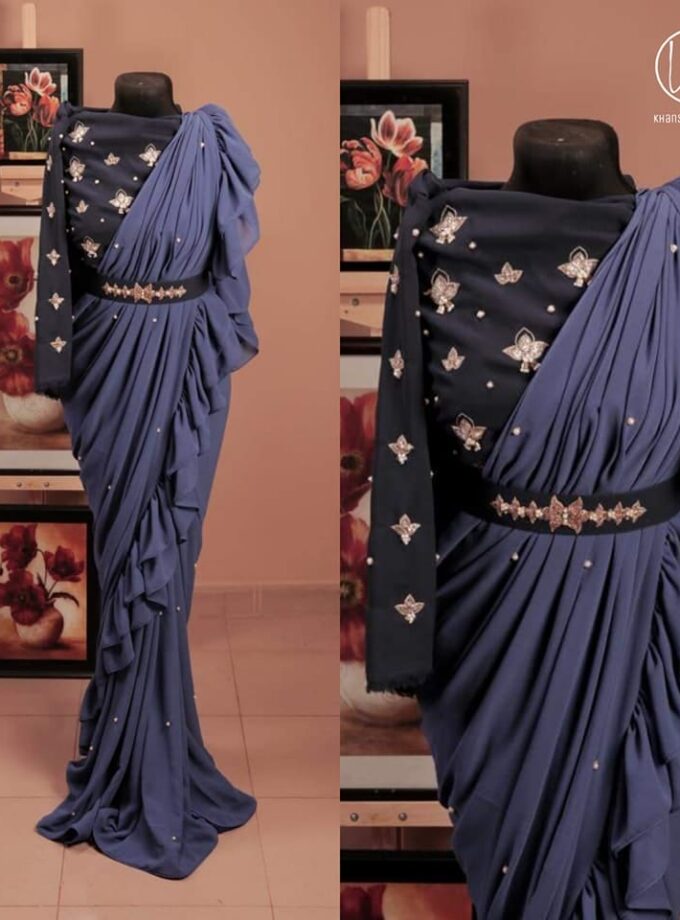 Georgette Saree with Ruffle Frills and Pitta Nakshi Blouse
