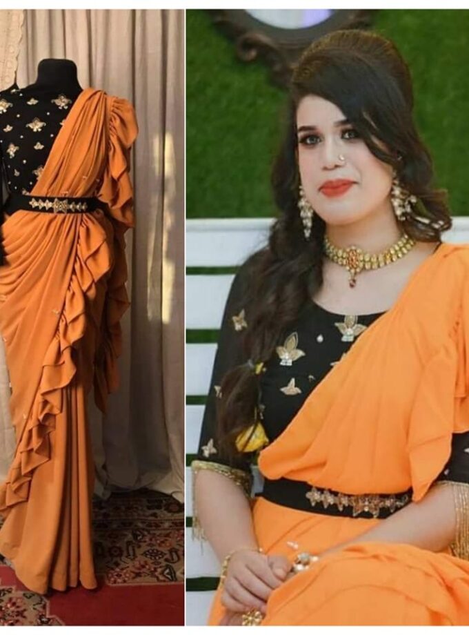 Georgette Saree with Ruffle Frills and Pitta Nakshi Blouse