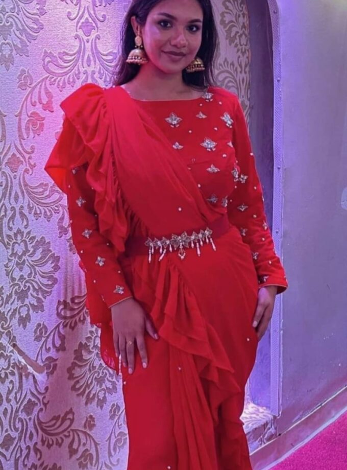 Georgette Saree with Ruffle Frills and Pitta Nakshi Blouse