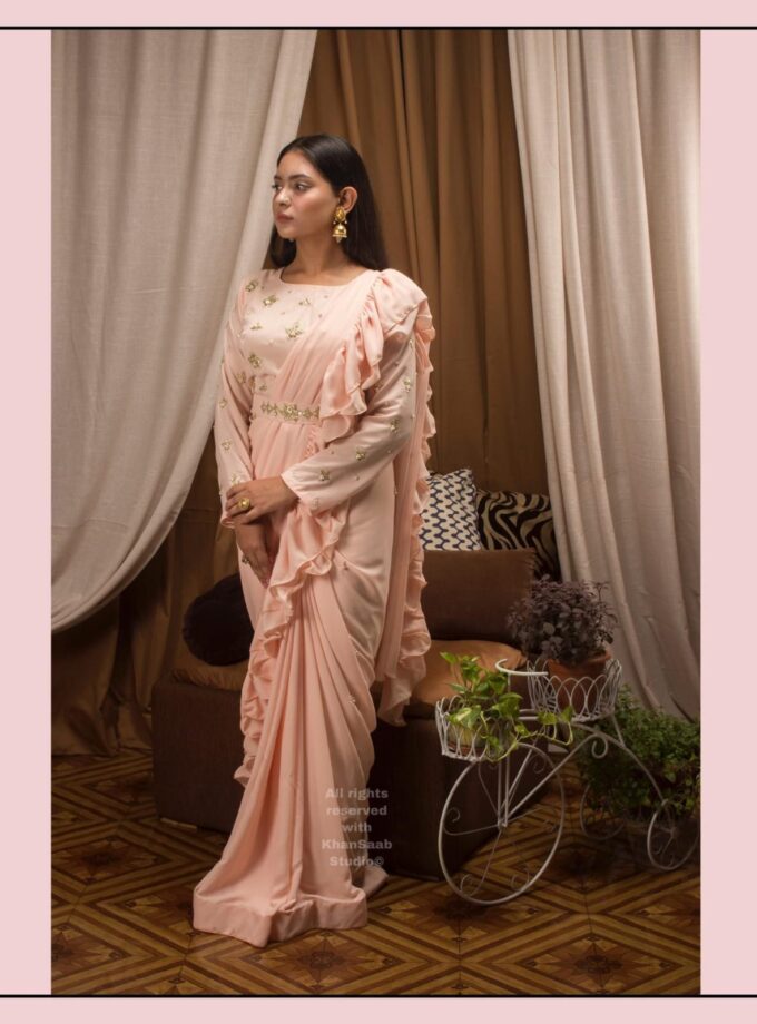 Georgette Saree with Ruffle Frills and Pitta Nakshi Blouse