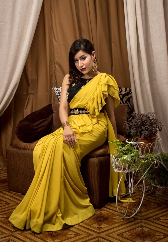 Georgette Saree with Ruffle Frills and Pitta Nakshi Blouse