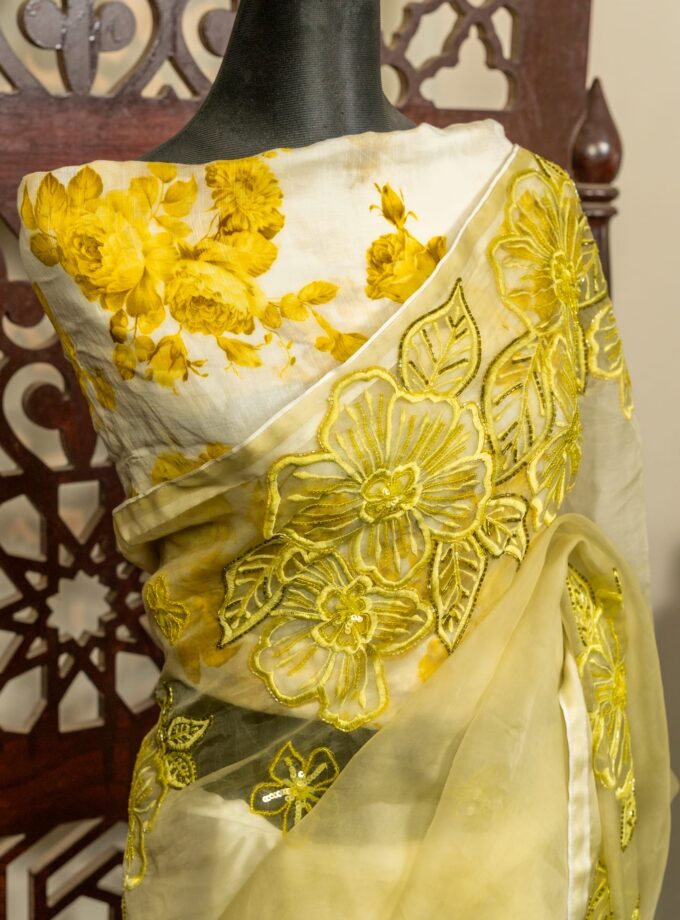 Elegant Half & Half Muslin Saree with Joba Flower Embroidery