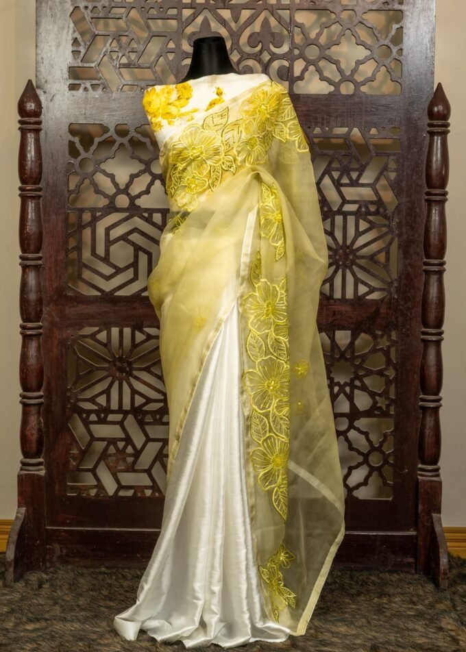 Elegant Half & Half Muslin Saree with Joba Flower Embroidery