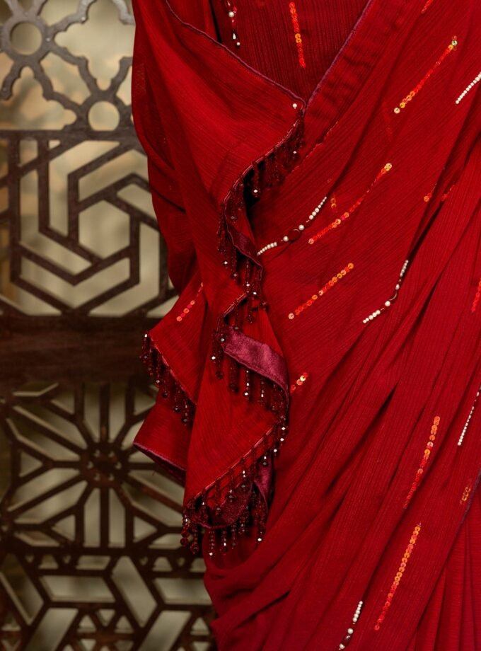 Red Shimmer Silk Saree with Sequins & Crystal Work