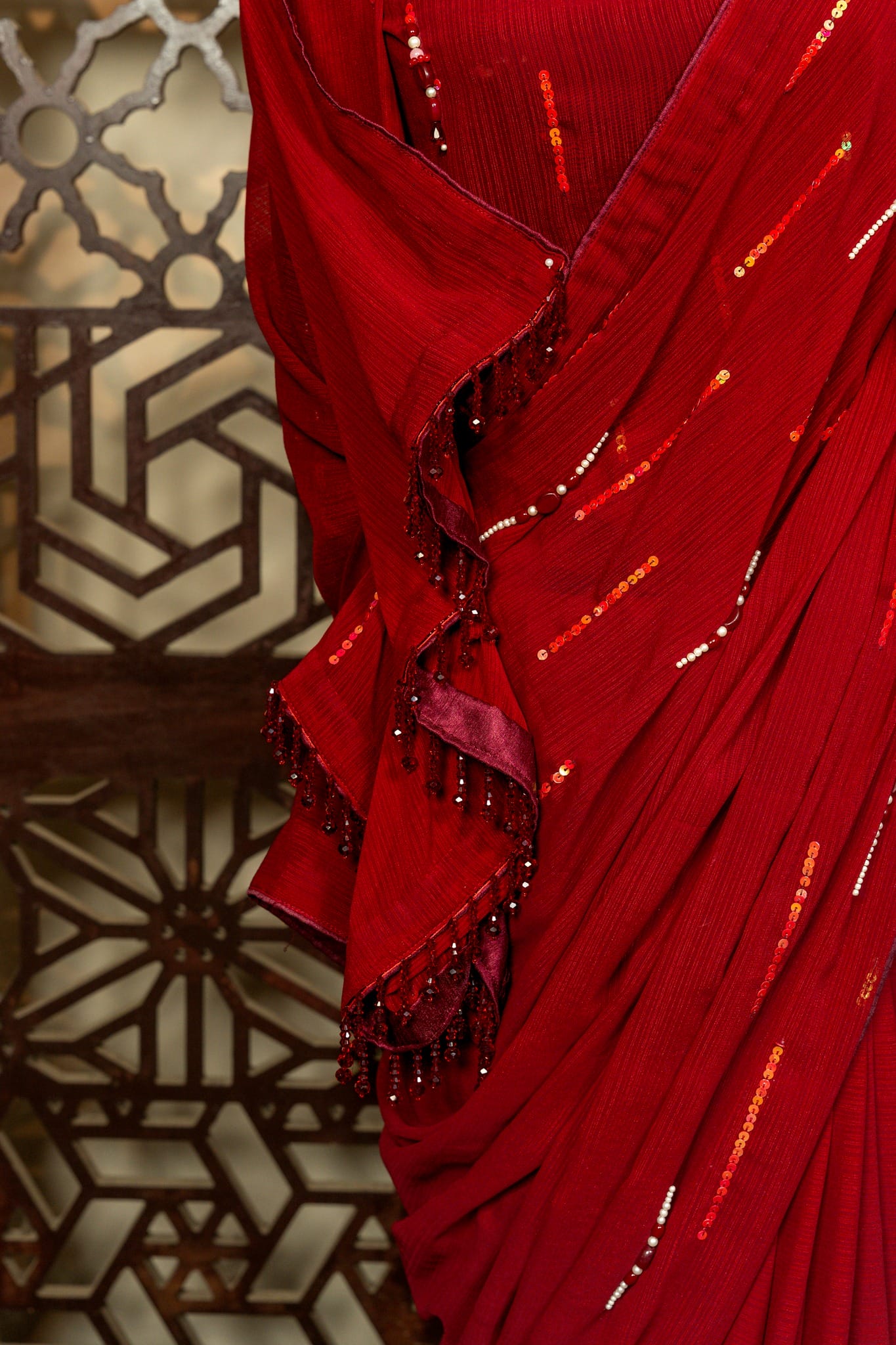 Red Shimmer Silk Saree with Sequins & Crystal Work - Image 3