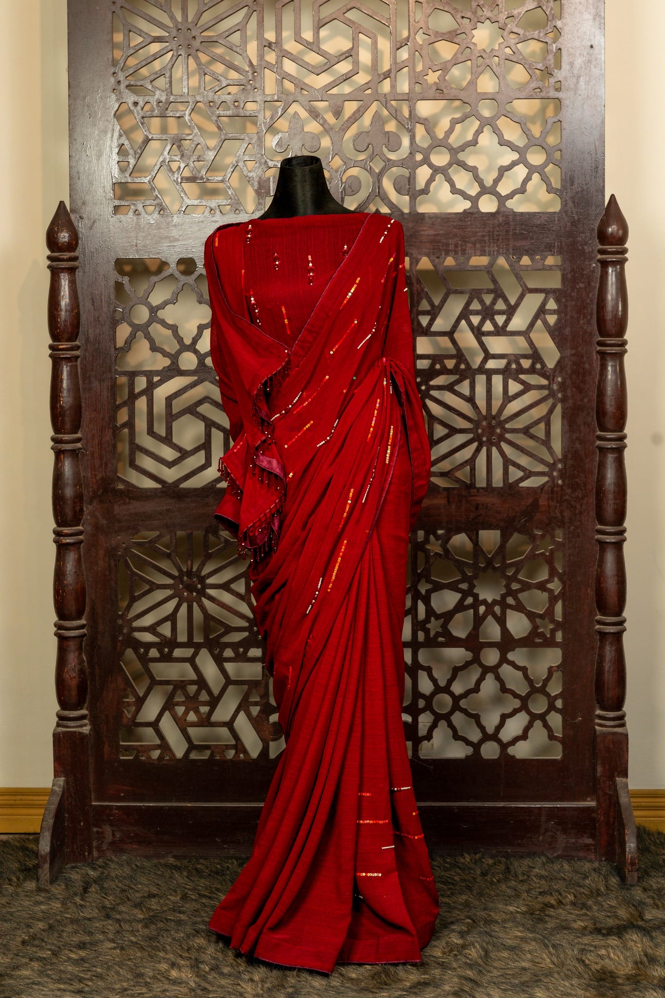 Red Shimmer Silk Saree with Sequins & Crystal Work