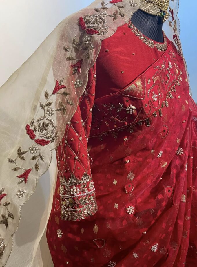 Embellished Bridal Dhakai Jamdani Saree with Zardosi Work