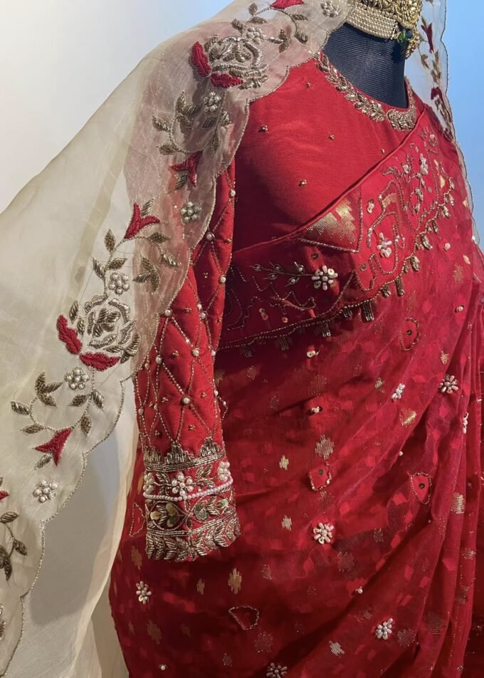Embellished Bridal Dhakai Jamdani Saree with Zardosi Work