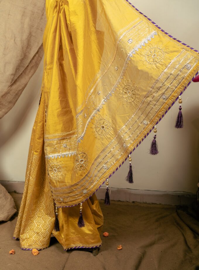 Chunri Kota Block Print Saree with Embroidery and Beads