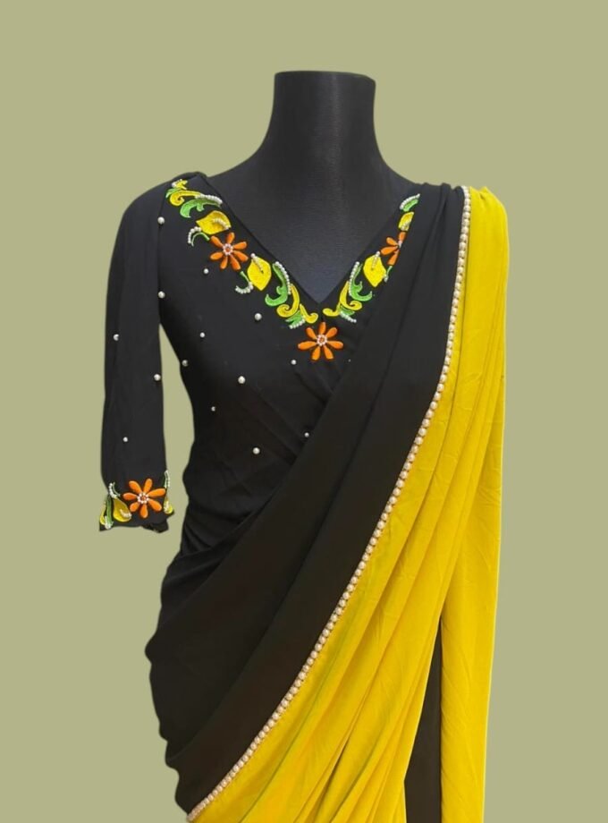 Black & Mustard Medium Crepe Georgette Saree with Pearl Lace and Embroidery