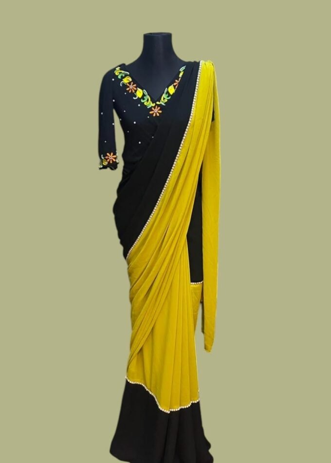 Black & Mustard Medium Crepe Georgette Saree with Pearl Lace and Embroidery