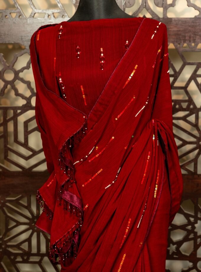 Red Shimmer Silk Saree with Sequins & Crystal Work