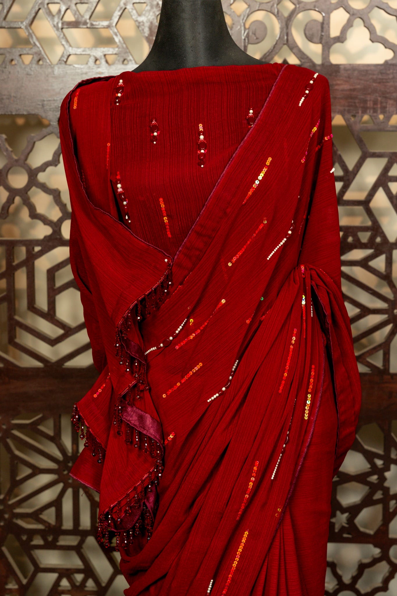Red Shimmer Silk Saree with Sequins & Crystal Work - Image 2