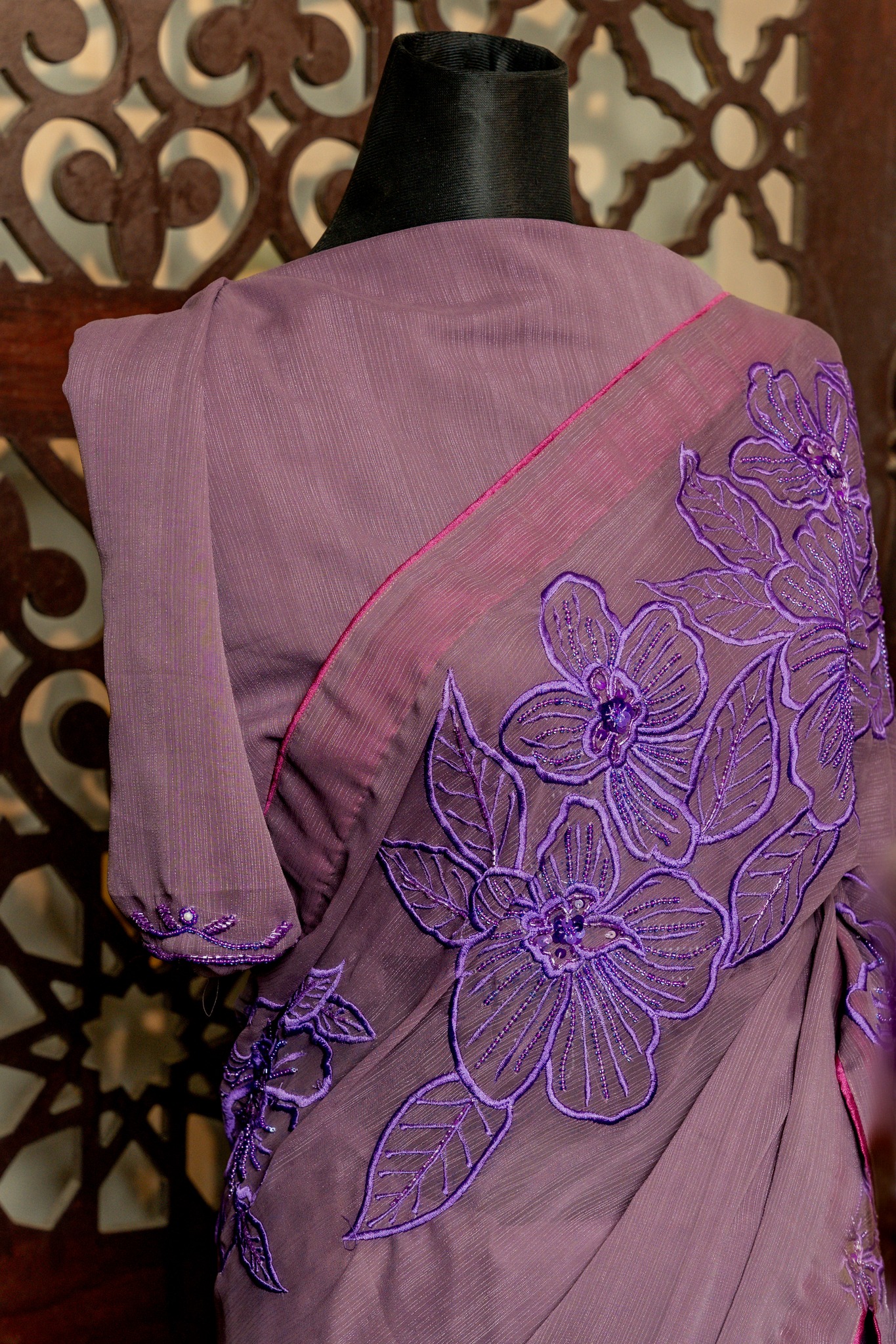 Shimmer Crepe Embroidered Saree with Beads & Sequins - Image 2