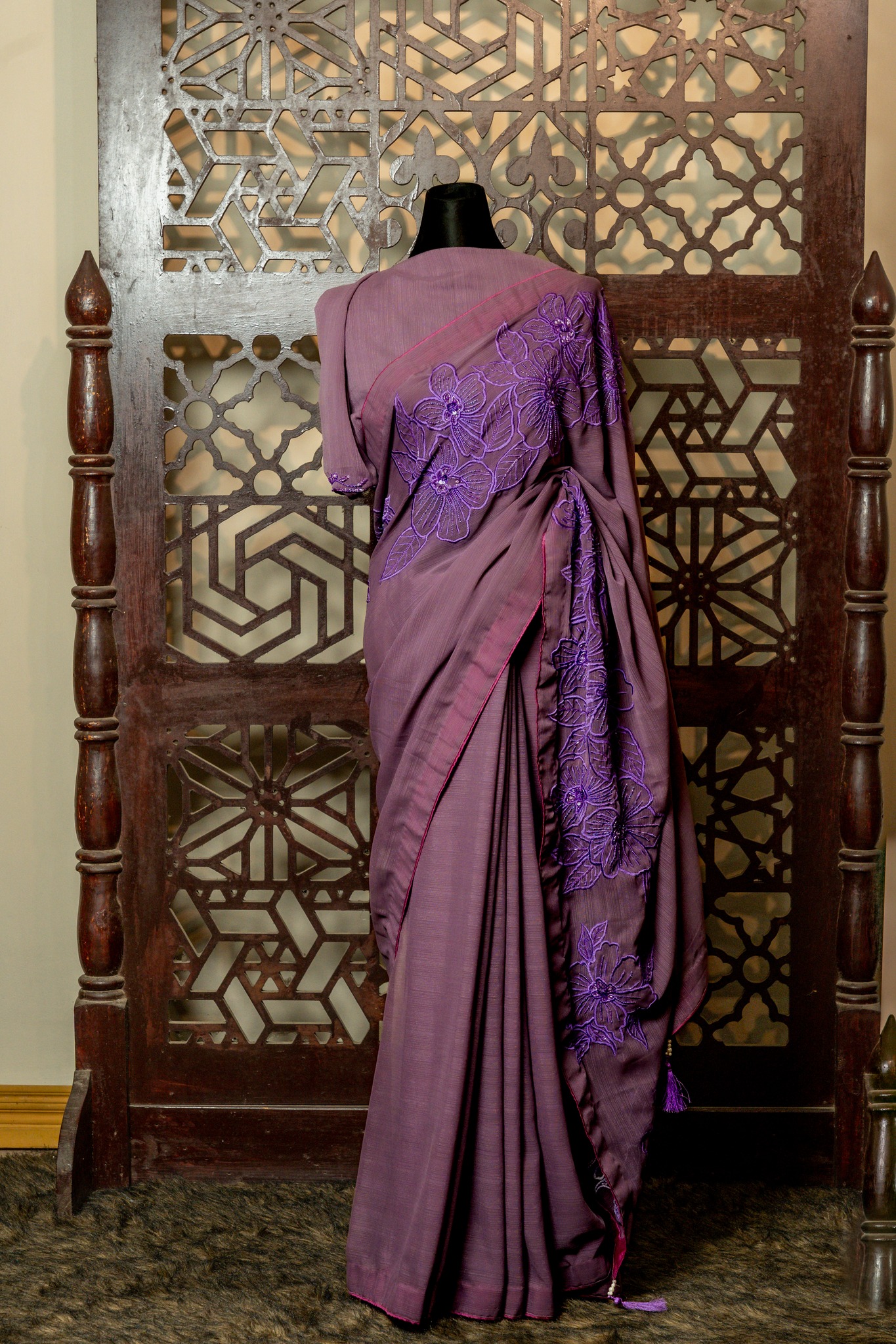 Shimmer Crepe Embroidered Saree with Beads & Sequins