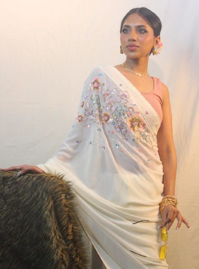Ivory Crepe Georgette Floral Kardana & Sequins Saree