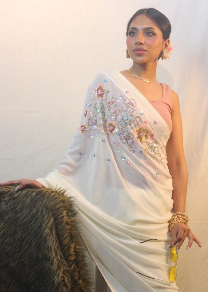 Ivory Crepe Georgette Floral Kardana & Sequins Saree