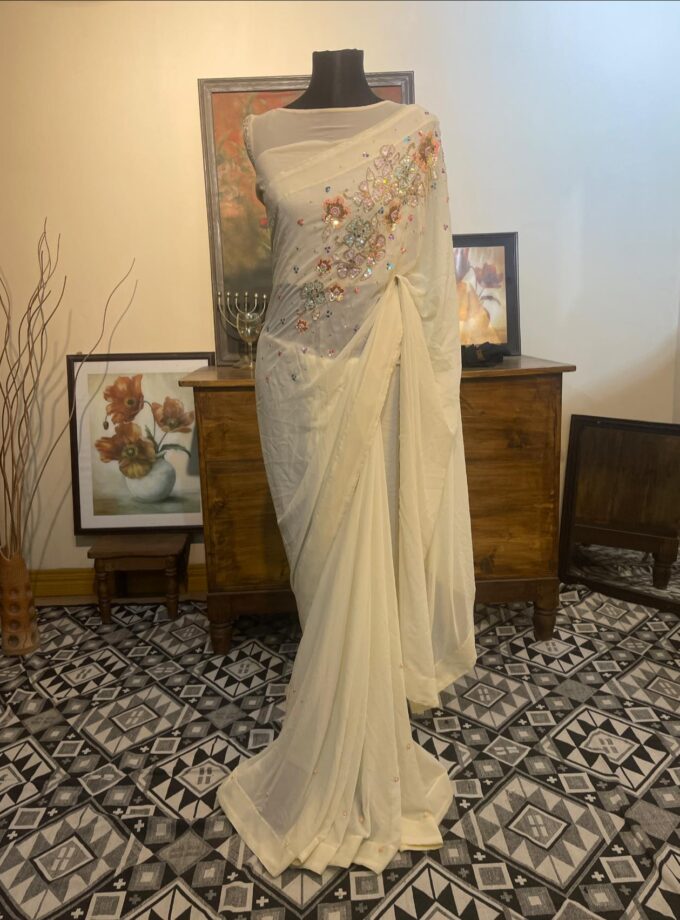 Ivory Crepe Georgette Floral Kardana & Sequins Saree