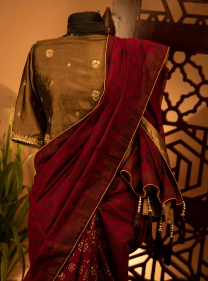 Block Print half Silk Saree